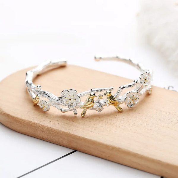 Armreif Vogels - Blumen Sterling Silber 925 Damen Armband - Armkette