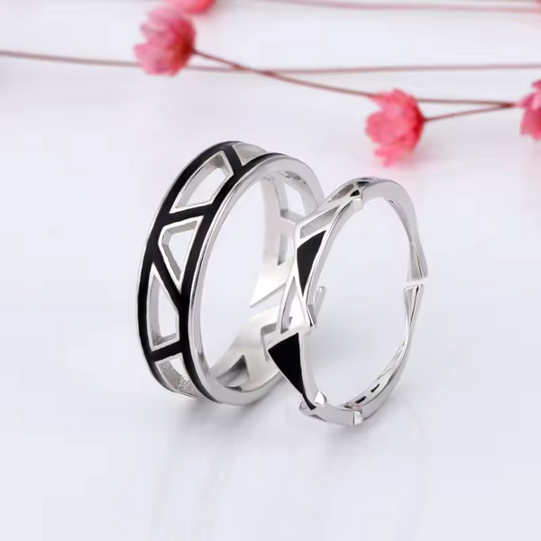 Ring-Set Damen-Herren Sterling-Silber 925, Schwartz offene Größe.