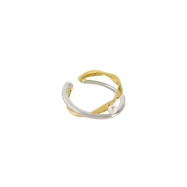 Doppelring Gold-Silber 925 mit Perle, offen, größenverstellbar.