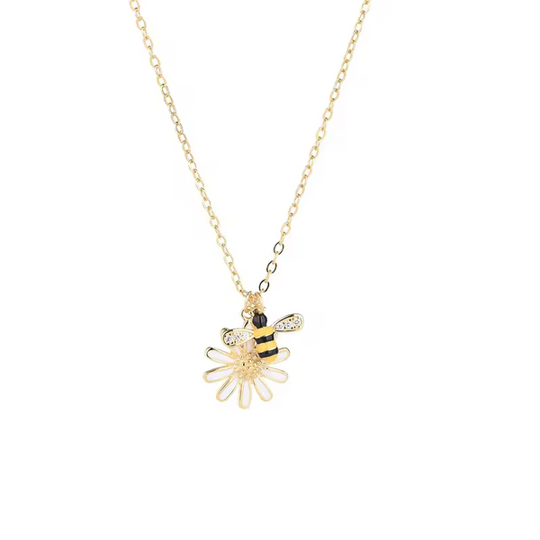 Damen Halskette mit Bienen- und Blumenanhänger, Zirkonia, Silber 925.