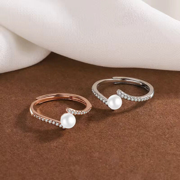 Damenring mit Perle und Zirkonia, Sterling-Silber 925, offene Größe.