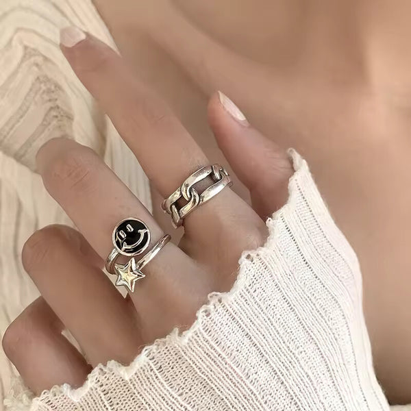 Damen Silber 925 Ring Kette -Stern Größeverstellbar Antik-Optik Geschwärzt