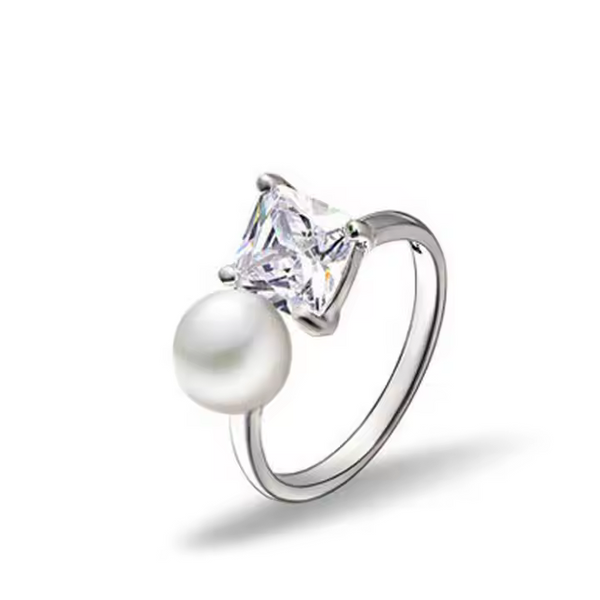 925 Silber Damenring – Offenes Design mit Zirkonia & Perle, Verstellbarer FingE