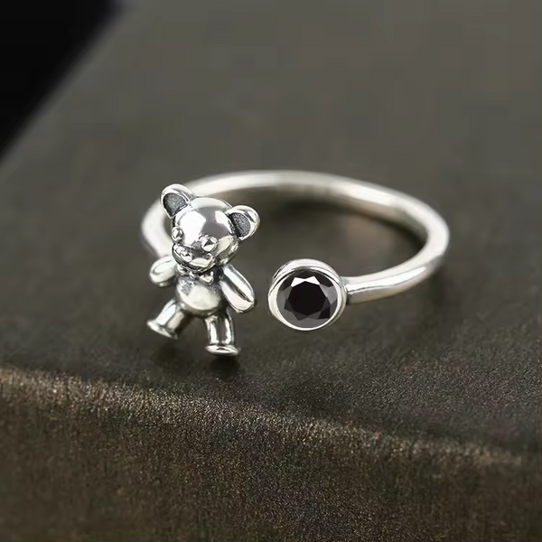 Damenring mit Bärenmotiv, Sterling Silber 925, geschwärzt, größenverstellbar