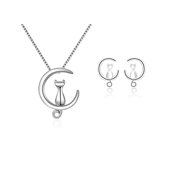 Schmuckset „Katze & Mond“ Sterling Silber 925 – Kette & Ohrringe