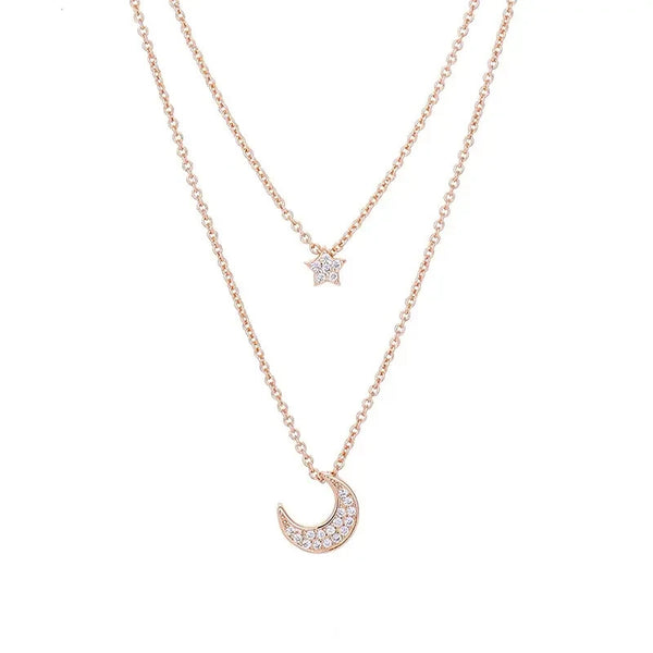 925 Silber Doppelhalskette – Stern & Mond Design mit Zirkonia