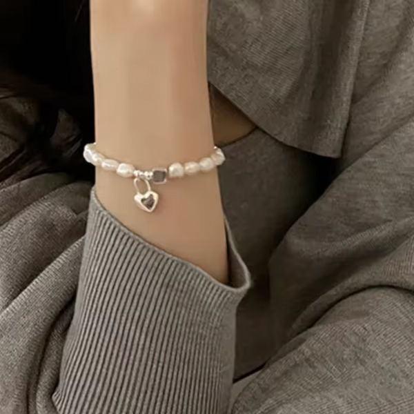 Herz Armband Natürliche perle echt Silber 925 Damen Armkette