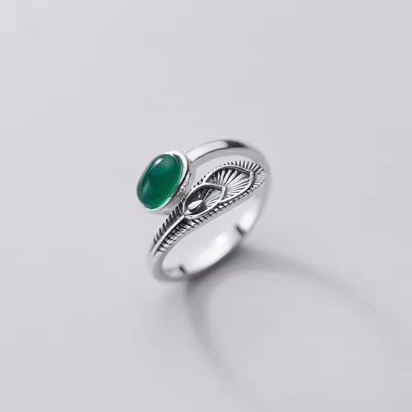 Damenring ovalem grünem stein - Federdesign Pfau , Silber 925, größenverstellbar