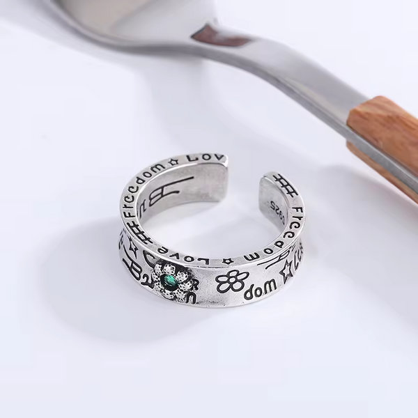 Damen Blumen Ring Sterling-Silber 925 mit grüner Zirkonia, geschwärzt, offen