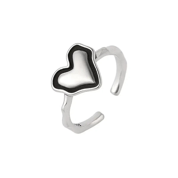 Herzring – 925 Silber, Verstellbar, Modernes Design mit Schwarzem Rand