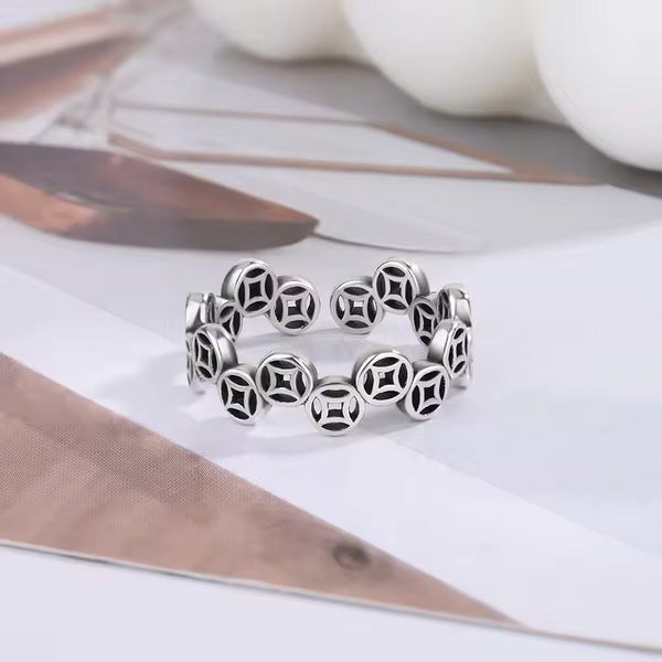 Damen Ring im Kreis-Ketten-Look, Größe verstellbar, Rund geschwärzt