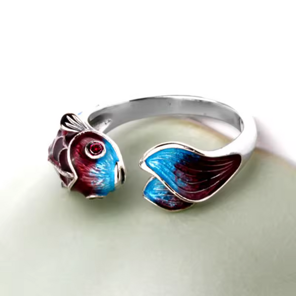 Damenring mit Fischmotiv, rot-blau gefärbt, Sterling Silber 925, Offen