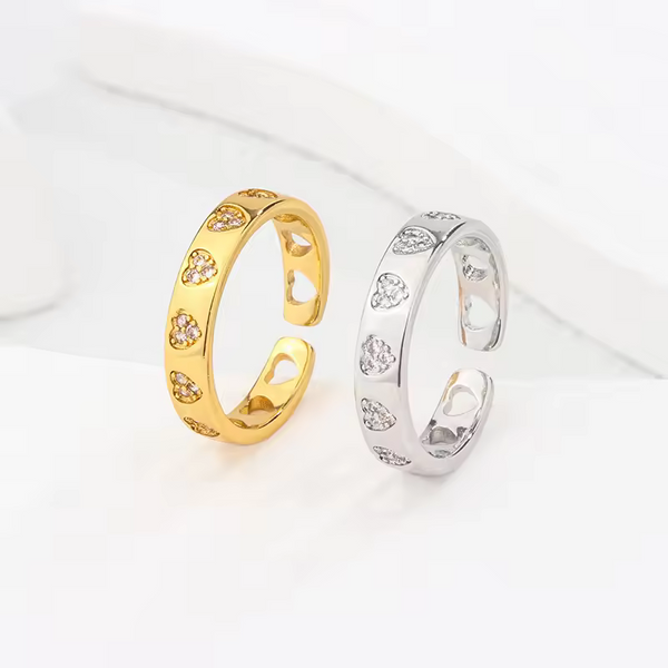 Damenring mit Herz, gefüllt mit Zirkonia, Sterling-Silber 925, offene Größe.