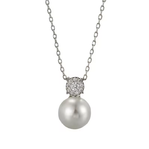 Damen Halskette mit Kugel-Anhänger, Perle und Zirkonia, Silber 925, Schwarz-Weiß