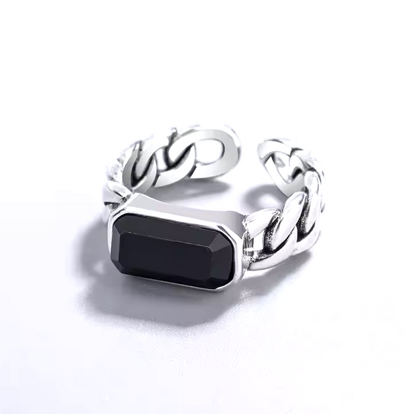 Damenring mit schwarzem Rechteck mit Kette Look Silber 925, Größenverstellbar