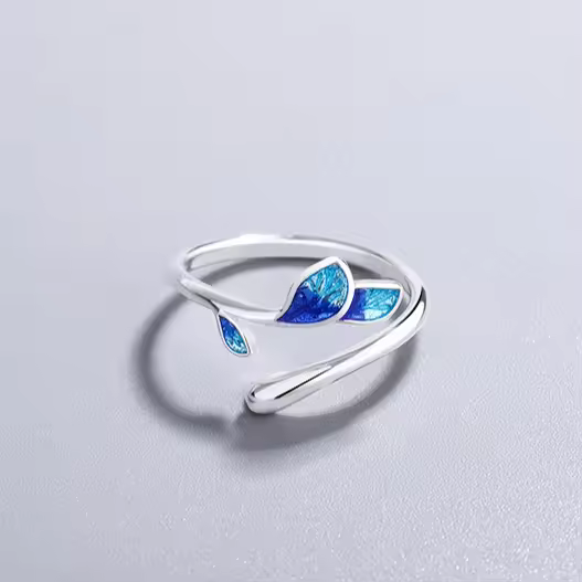 Damenring mit blauem Blatt motiv, Sterling Silber 925, größenverstellbar