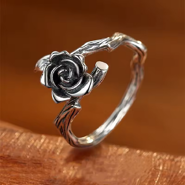 Damen Ring mit Blumenmotiv, Sterling Silber 925, geschwärzt, größenverstellbar
