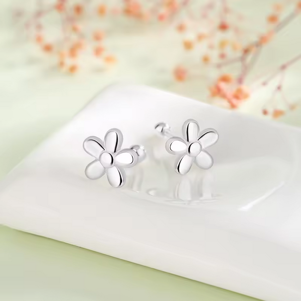 Damen Ohrringe mit Blume, Sterling-Silber 925, glatt, Damen Ohrstecker 9 mm