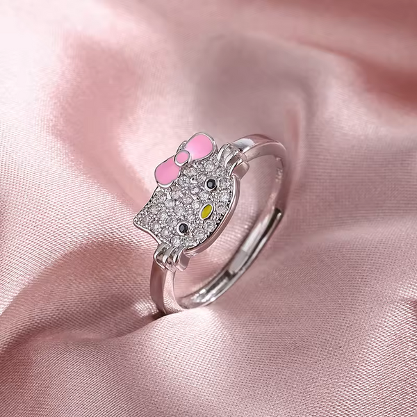 Damenring mit Katzen motiv rosa Band 47 - 55 verstellbar Sterling-Silber 925