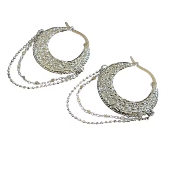 925 Silber Creolen mit Strukturmuster und Kettendetails- Kette Ohrringe