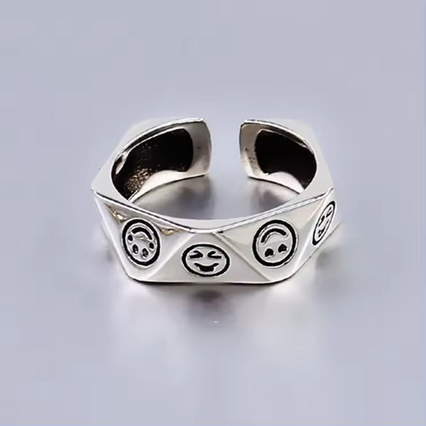 Cooler Ring mit Smile-Motiv 925er Sterling-Silber, größenverstellbar