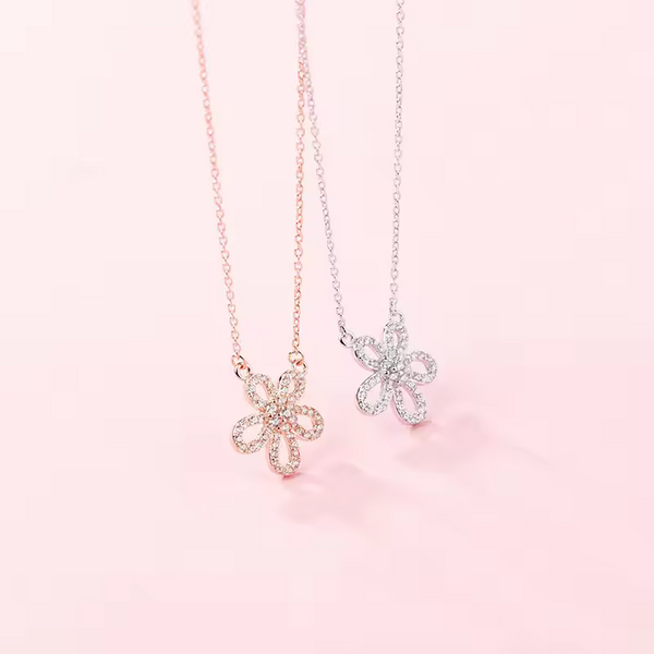 Damen Halskette mit Blumen anhänger, Steling silber 925 Zirkonia