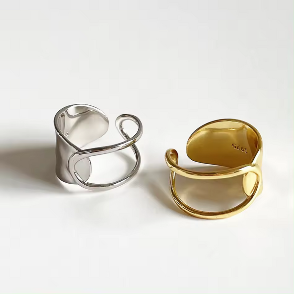 Damen Ring Ausgehöhlte Ringe Sterling-Silber 925, Gold-Silber größenverstellbar.