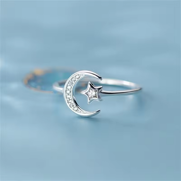 Damenring mit Stern- und Mondmotiv 925er Sterling-Silber, besetzt mit Zirkon