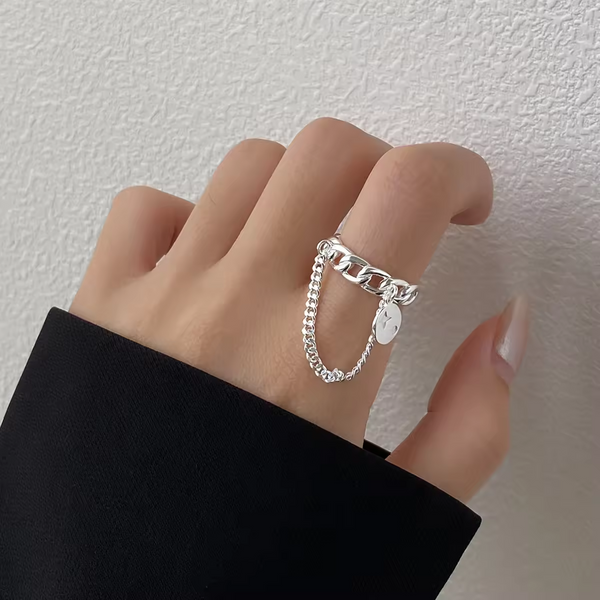 Ring m. kurzem Kettenanhänger, Sterling Silber 925, Ketten-Look, Größe wählbar