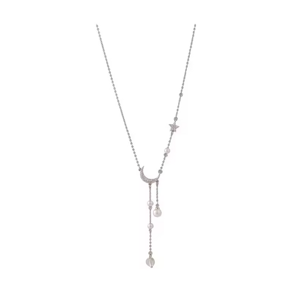 Zarte Halskette Mond-Stern Sterling Silber 925 Zirkonia-Perle Damen Kette