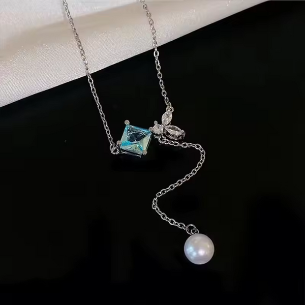 Damen Halskette mit blauem Zirkonia-Anhänger-Perle, Sterling Silber 925