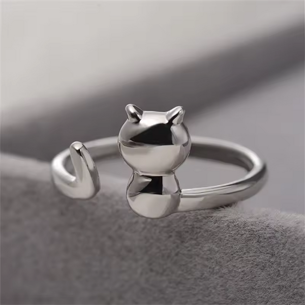 Damenring mit Katzen motiv Sterling-Silber 925, Glatt- Größenverstellbar