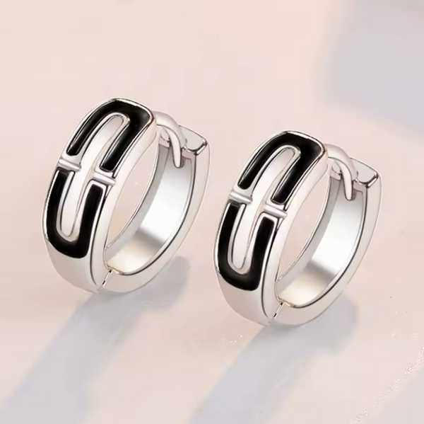 Moderne 925 Sterling Silber Creolen mit schwarzem geometrischem Rechteck Design