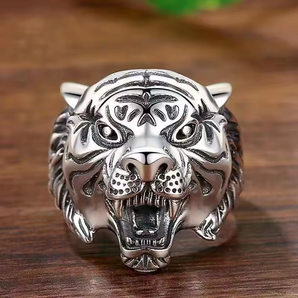 Damen- und Herrenring Vintage Löwe - Tigerkopf, Silber 925, größenverstellbar.