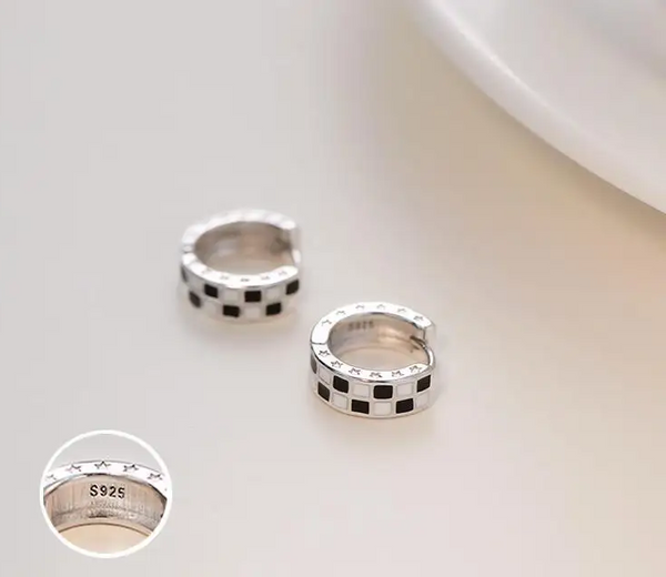Creole Quadrat Weiß - Schwarz  Sterlingsilber 925 Damen Ohrringe Paar