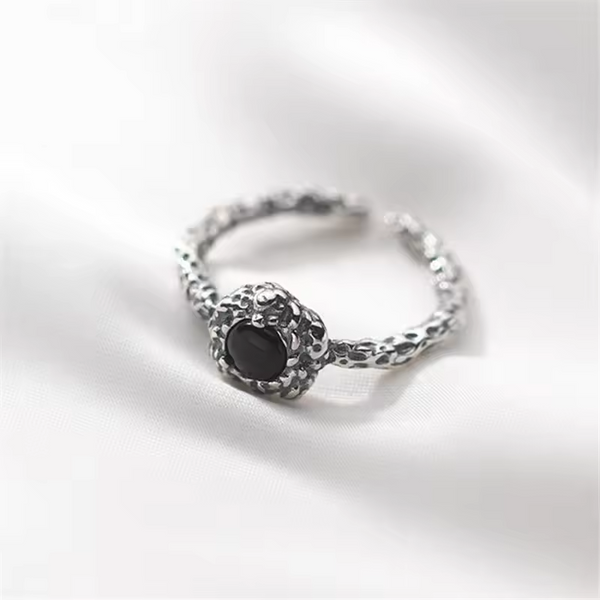 Damen Ring schwarzem, rundem Stein, Sterling Silber 925 geschwärzt antiken Look