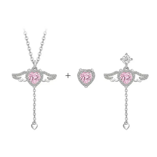 925 Silber Schmuckset – Angel Flügel-Design mit rosa Herz, Halskette & Ohrringe