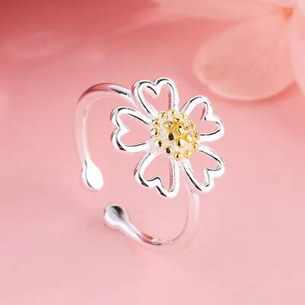 Offener Blumen-Damenring, Sterling Silber 925, glatt Golden Blüte, Größe wählbar