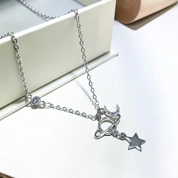 Damen Halskette Sterling Silber 925 Mond - Stern mit Zirkonia