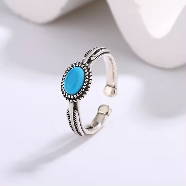 Damenring m. blauem Stein, nationaler Retro-Stil, Sterling-Silber 925, geschwärz