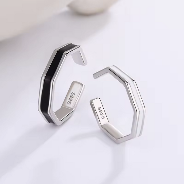 Partnerring-Set für Damen und Herren, weiß-schwarz, Silber 925, glatt, Offen