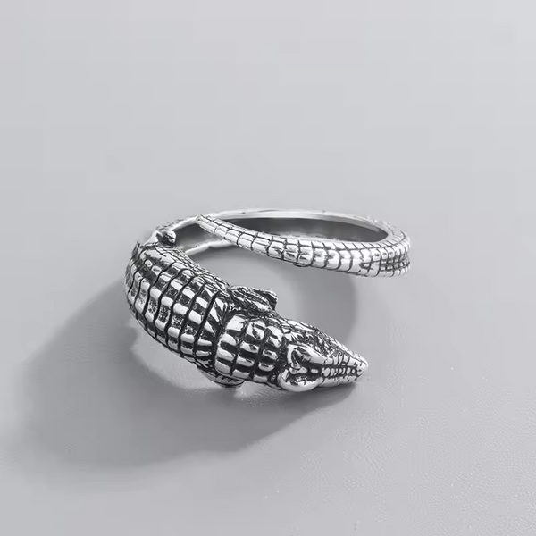 Damen- und Herrenring, Silber 925, geschwärztes Krokodil, größenverstellbar