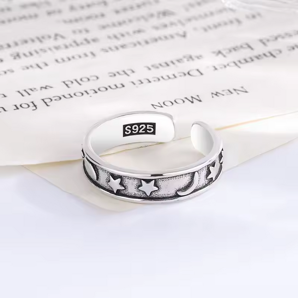 Damenring mit Mond- und Sternmotiv, Sterling-Silber 925, Nachtatmosphäre, Offen