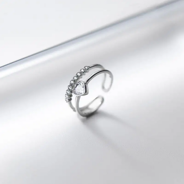 Herz Ring - Reihen Sterling Silber 925 Zirkonia Größenverstellbar.