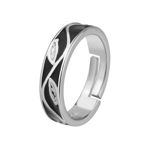 Damen Ring Blumen-Blatt Sterlingsilber 925 verstellbar 50-54 Schwarz