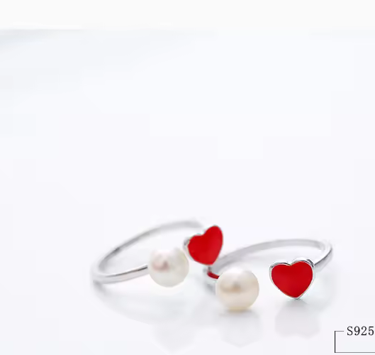 Ring mit Herz, größenverstellbar, Sterling Silber 925, mit Perle.