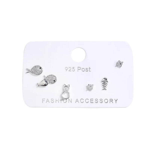 6 Stück Ohrstecker Set Fisch Sterling Silber 925 Zirkonia Damen Ohrringe