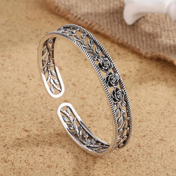 Damen Armreif Blumen Sterling Silber 925 Geschwärzt Armband Armkette