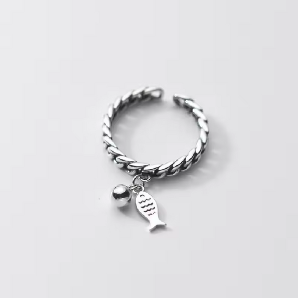 Damenring Ketten-Look m.Anhänger Mini-Fisch, geschwärztem Sterling-Silber 925