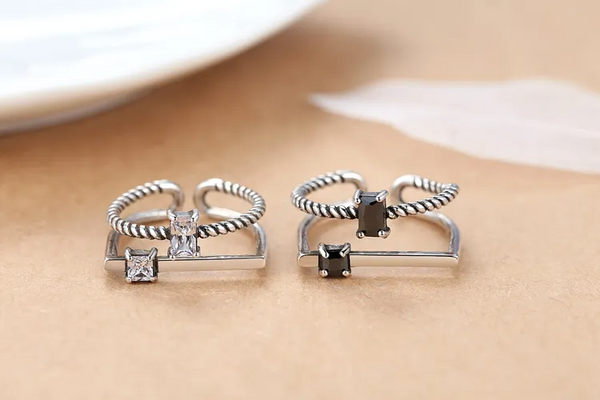 925 Silber Verstellbarer Damenring mit Zirkonia – Doppellook, Minimalistisch